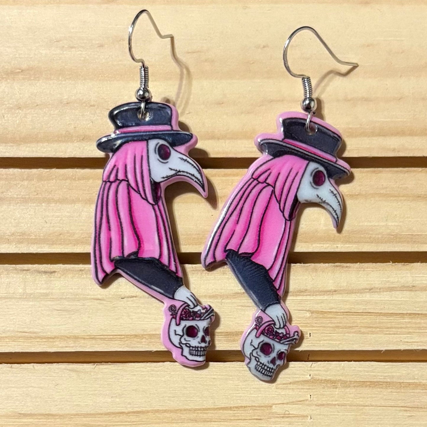 Pink plague doctor earrings