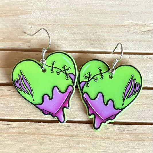 Green zombie heart earrings